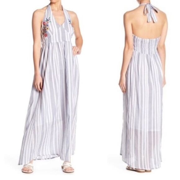 RAGA STRIPED MAXI HALTER EMBROIDERED DRESS SMALL - Picture 2 of 7